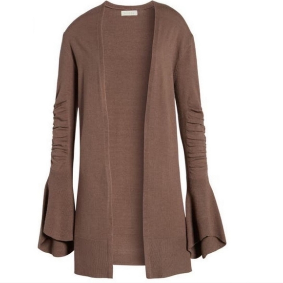 Hinge Bell Sleeve Brown Cardigan Ruched Bohemian Nordstrom Size Medium Sweater - Picture 4 of 11